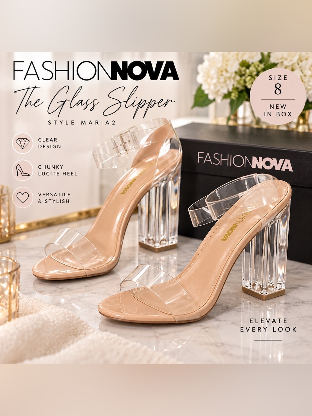Fashion Nova Nude Clear Lucite Block Heel Sandals